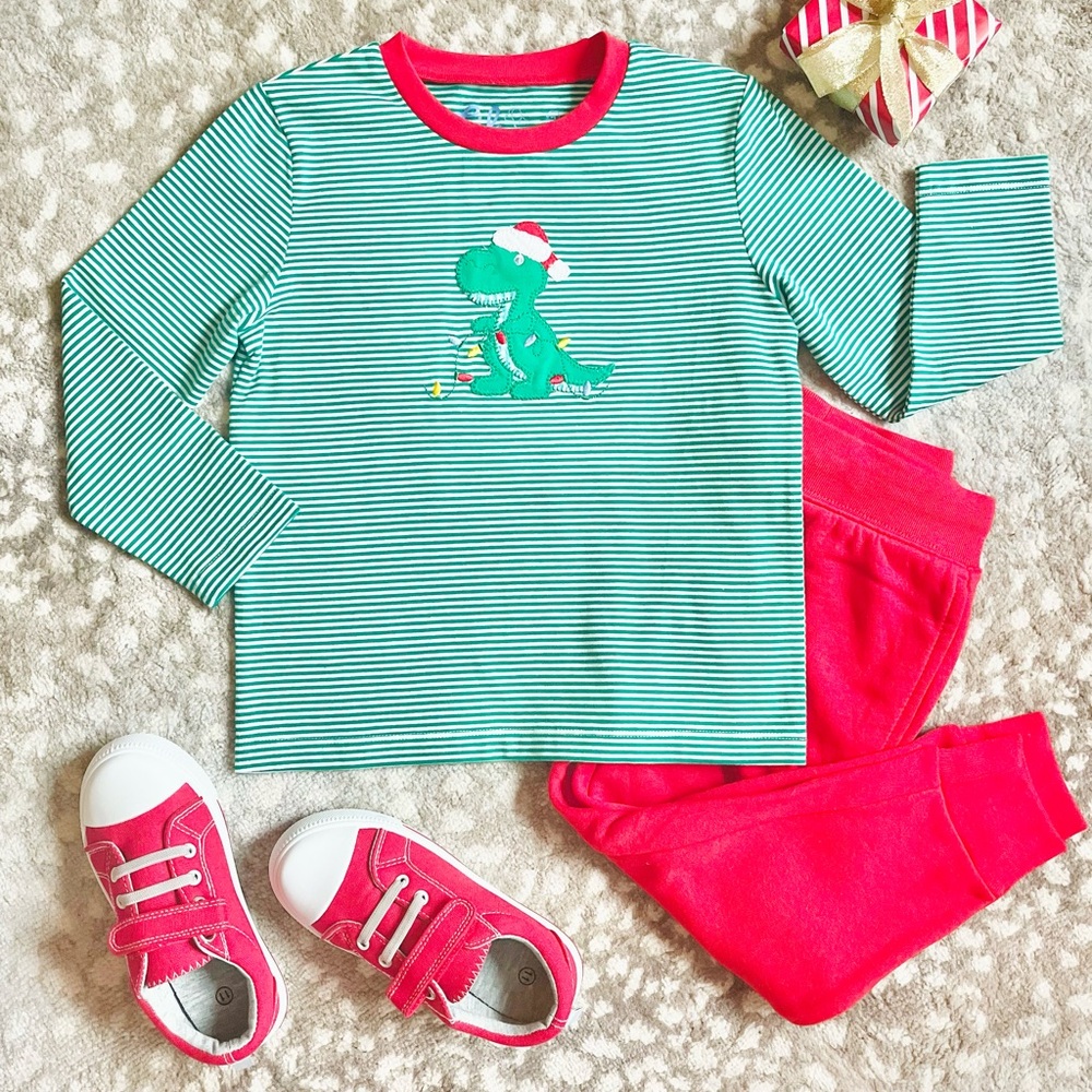 Striped Dinosaur Appliqué Long Sleeve Shirt with Red Neck Detail